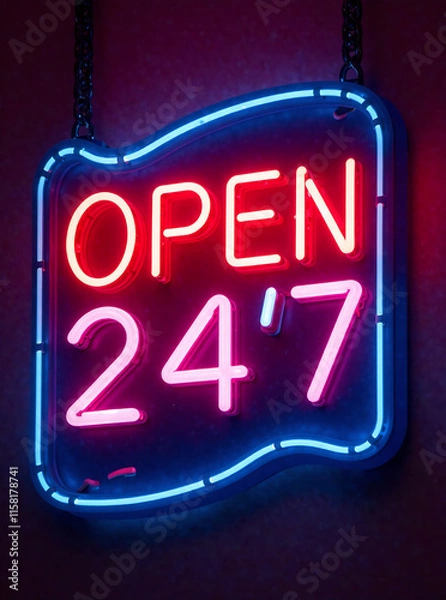 Fototapeta Colorful "Open 24/7" neon sign with vibrant background and playful design