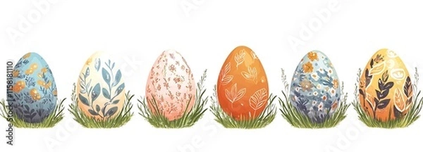 Fototapeta Colorful Easter eggs in a grass border set, easter background