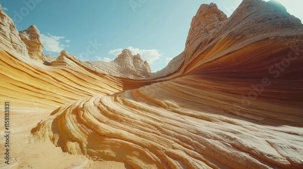 Fototapeta A stunning view of undulating rock formations in vibrant colors under a clear blue sky.