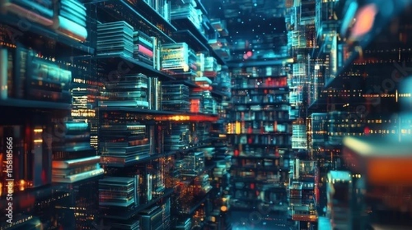 Fototapeta A futuristic library filled with glowing books and digital elements.