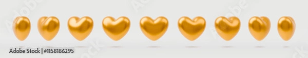 Fototapeta Animation sprite sheet of gold heart sequence rotation. Gold glossy 3D heart balloon in different angles. Vector symbol of love, Valentines day, wedding. Realistic 3d spin golden heart icon on white
