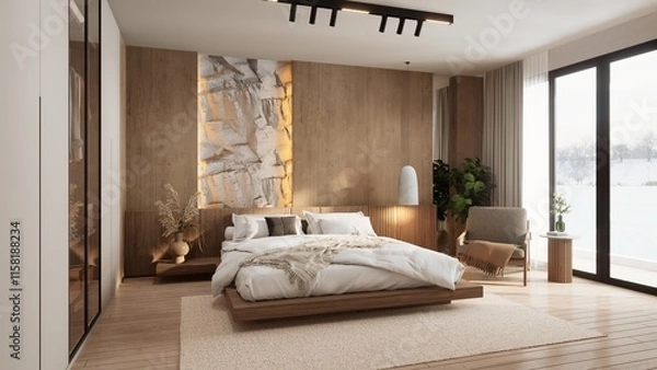 Obraz A serene, modern bedroom featuring a wooden bed, natural decor, large windows, and an earthy color palette. 3d rendering.