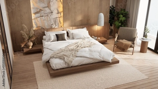 Obraz A modern, serene bedroom featuring a large bed, natural materials, soft textures, and warm colors, illuminated by natural light. 3d rendering