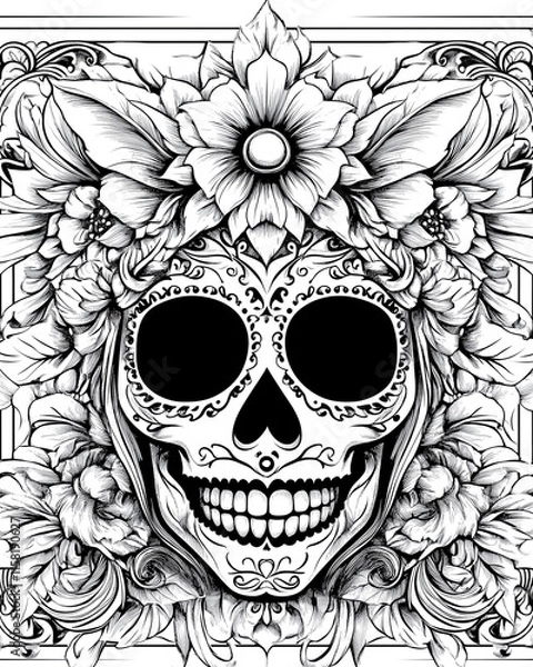 Fototapeta A black and white drawing of a skull with flowers and leaves on top of it. The skull has a smile on it, which gives it a somewhat lighthearted and whimsical feel