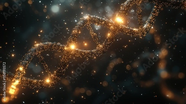 Fototapeta A close-up view of a glowing DNA double helix in a dark, starry background.