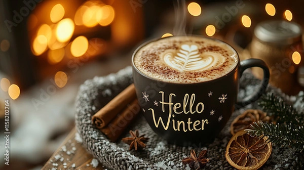 Fototapeta Close-up of festive latte art with Hello Winter text, fairy lights, and cozy decor