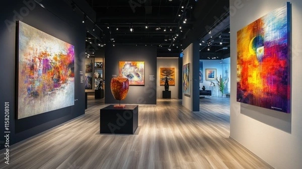 Fototapeta An art gallery-style showroom with abstract paintings and sculptures displayed under elegant lighting