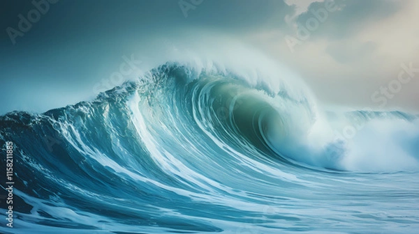 Fototapeta Ocean's Majesty: A breathtaking panoramic view of a colossal wave, its turquoise depths and frothy crest illuminated by the soft glow of dawn.