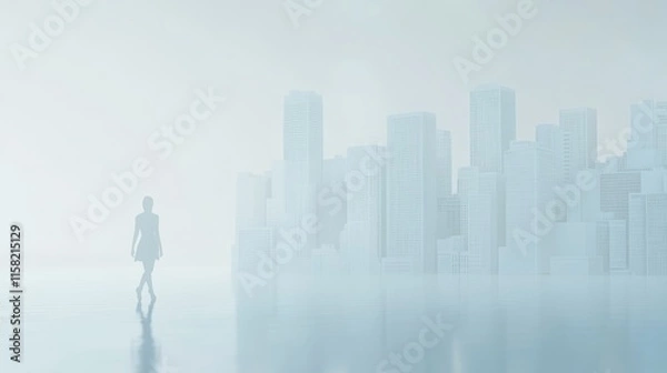 Obraz A person walks through a foggy urban landscape.