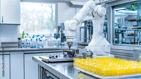 Fototapeta Robotic arm assembling a gadget in a futuristic lab, captured in sharp detail with ample text space, professional advertising, balanced composition,