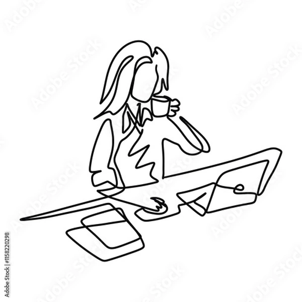 Obraz Secretary On Computer Office Graphic Design Line Art Vector Decoration