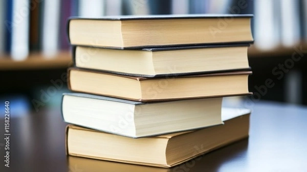 Fototapeta Stack of books on wooden table in library