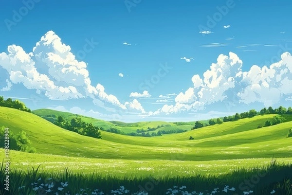 Fototapeta A panoramic banner showcasing lush green hills and meadows under a vibrant blue sky with fluffy white clouds, creating a serene and picturesque landscape..