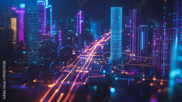 Fototapeta Smart Innovation city with connection cyber security network reciprocity over the night cityscape future wireless digital city and social media networking systems that connects people in the city