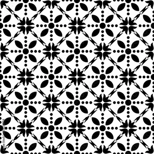 Fototapeta Seamless black and white geometric pattern, featuring a symmetrical design with floral motifs. Suitable for backgrounds, wallpapers, textiles, prints and various artistic projects.