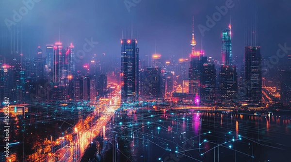 Fototapeta Smart Innovation city with connection cyber security network reciprocity over the night cityscape future wireless digital city and social media networking systems that connects people in the city