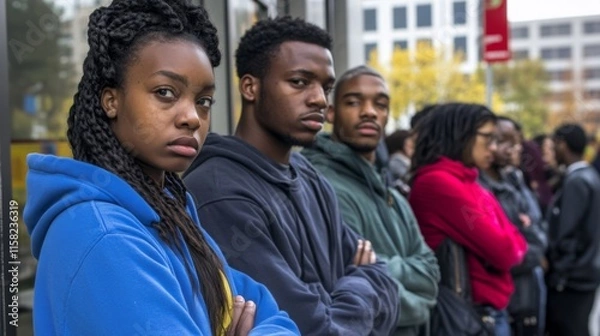 Obraz Line of people outside unemployment office, reflecting the challenges and resilience of individuals facing economic hardship, community solidarity in uncertain times.