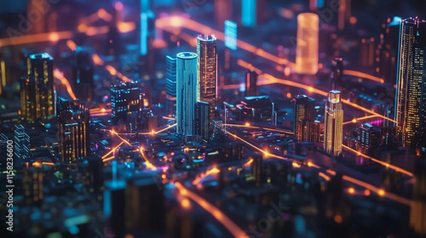 Fototapeta Smart Innovation city with connection cyber security network reciprocity over the night cityscape future wireless digital city and social media networking systems that connects people in the city