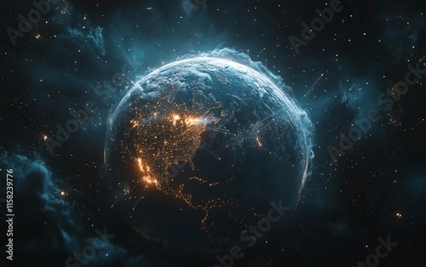 Fototapeta Futuristic global network, Earth with data lines and cyber technology systems, realtime communication, global data transfer, virtual connectivity, AIgenerated visualization