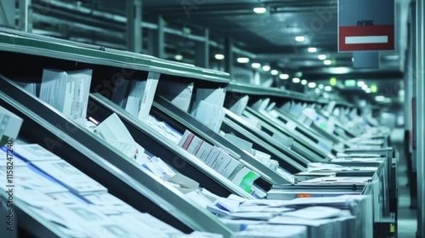 Obraz Mail sorting facility with automated machinery efficiently processing and organizing large volumes of mail, showcasing the importance of technology in modern logistics and postal services.