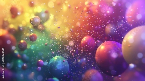 Fototapeta A colorful abstract background featuring floating spheres and sparkling particles.