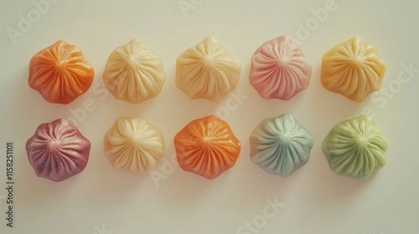 Fototapeta A colorful assortment of dumplings arranged neatly on a surface.