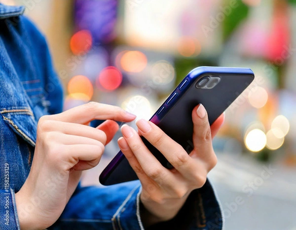 Obraz スマホを操作する女性　A woman using a smartphone　Generative AI