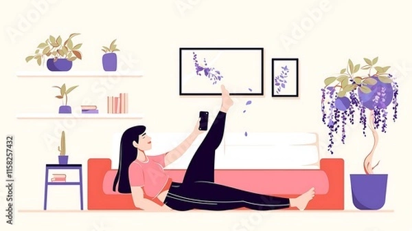 Fototapeta Flat design of a fitness enthusiast performing bodyweight exercises at home