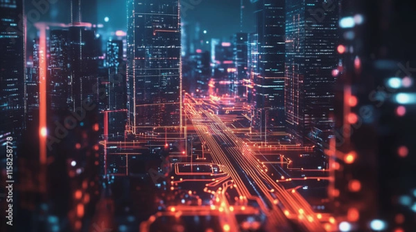Fototapeta Smart Innovation city with connection cyber security network reciprocity over the night cityscape future wireless digital city and social media networking systems that connects people in the city