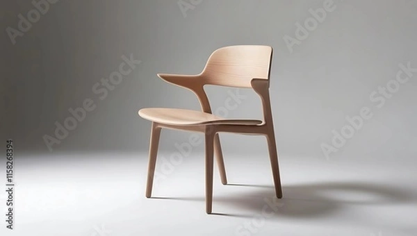 Fototapeta Studio Photograph of a Modern Minimalist Wooden Chair with Smooth Curved Lines, Light Polished Wood, and Natural Grain Texture on a Soft Gray Background  
