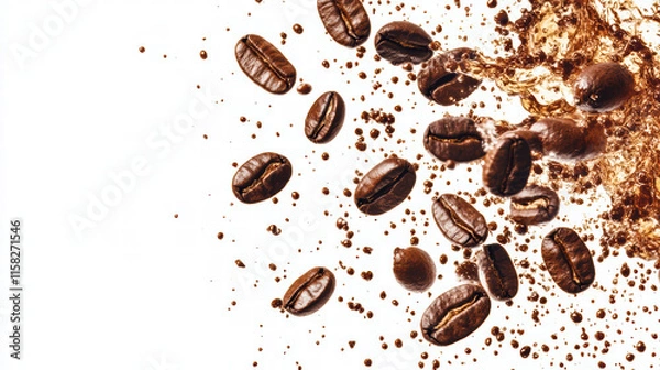 Fototapeta Vivid coffee splash with flying beans creates energetic scene, showcasing rich texture and color of coffee. Perfect for beverage enthusiasts and culinary art