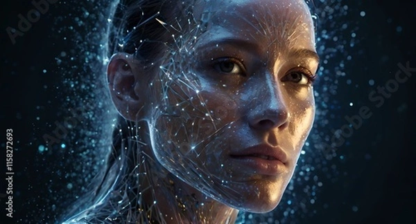 Fototapeta A woman wearing a futuristic face mask, her features transforming into a radiant digital galaxy of shimmering particles.  