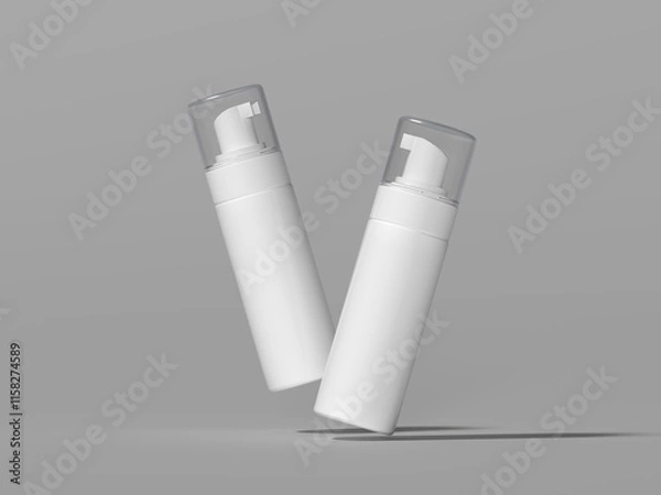 Obraz 3D render, foam pump bottles fly mockup empty white packing