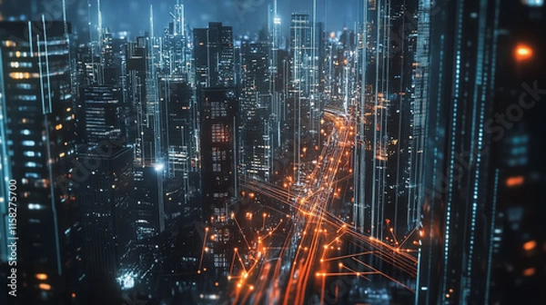 Fototapeta Smart Innovation city with connection cyber security network reciprocity over the night cityscape future wireless digital city and social media networking systems that connects people in the city