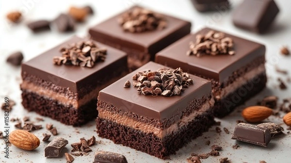 Fototapeta Four rich chocolate squares, layered mousse, almond garnish, scattered chocolate shavings.