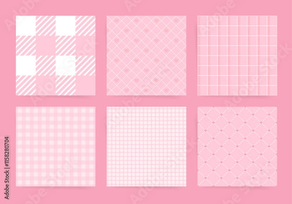 Obraz Romantic Pink Checkered and Gingham Pattern Set with Diamond Hearts and Minimalist Motifs for Valentines Day Designs