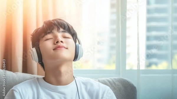 Obraz Person relaxing with headphones on, enjoying a moment of solitude and personal entertainment, embracing the power of music to rejuvenate and escape from daily stress.