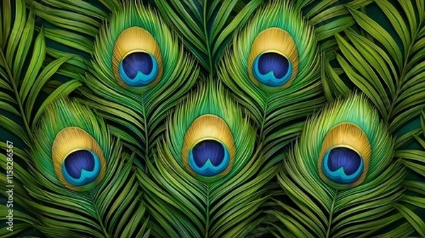 Fototapeta A vibrant pattern featuring peacock feathers and green leaves, showcasing intricate details and rich colors.