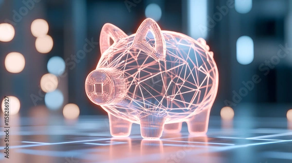 Fototapeta conceptual image of digital piggy bank glowing with neon lights, symbolizing savings and financial technology. futuristic design highlights innovation in personal finance