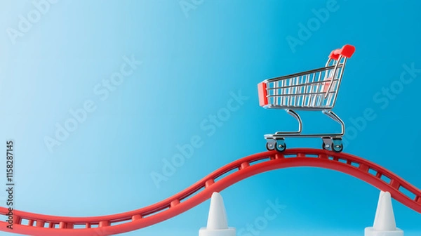 Fototapeta shopping cart balances on vibrant roller coaster track, symbolizing thrill of shopping. bright blue background enhances playful and adventurous mood of scene