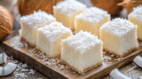 Fototapeta A plate of white cake with coconut flakes on top. There are six pieces of cake. The plate is on a wooden table