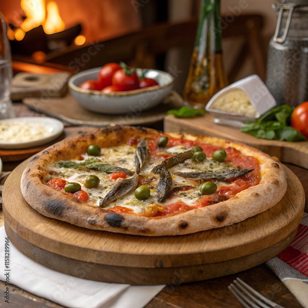 Fototapeta La Notizia - A Naples specialty pizza with anchovies, capers, and a perfectly charred crust, placed on a rustic wooden platter. The scene captures a traditional Italian trattoria atmosphere
