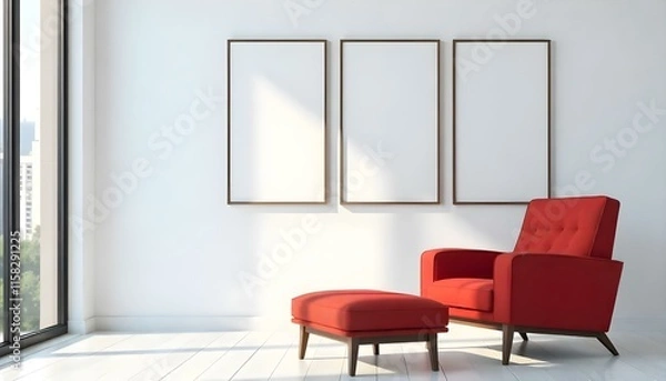 Fototapeta A modern living room with a red sofa, a matching ottoman, and three empty picture frames on the wall, in the afternoon with sunlight streaming in and a city view in the background