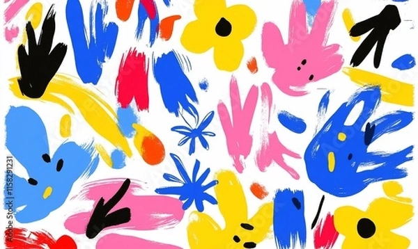 Fototapeta A vibrant abstract design featuring colorful handprints and flowers.