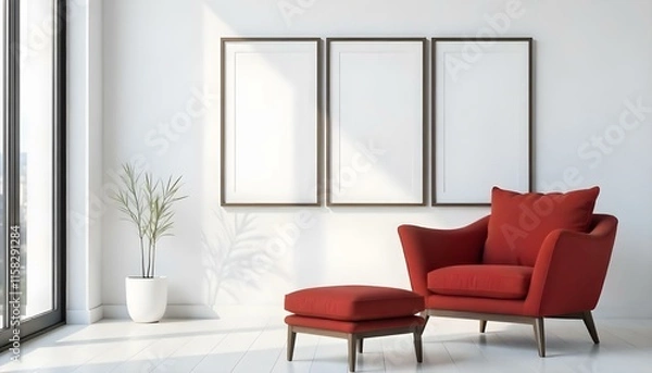 Fototapeta A modern living room with a red sofa, a matching ottoman, and three empty picture frames on the wall, in the afternoon with sunlight streaming in and a city view in the background