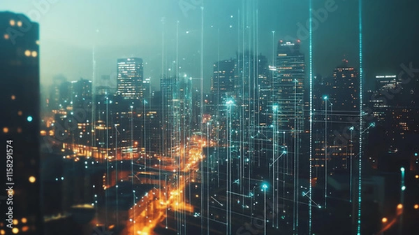 Fototapeta Smart Innovation city with connection cyber security network reciprocity over the night cityscape future wireless digital city and social media networking systems that connects people in the city