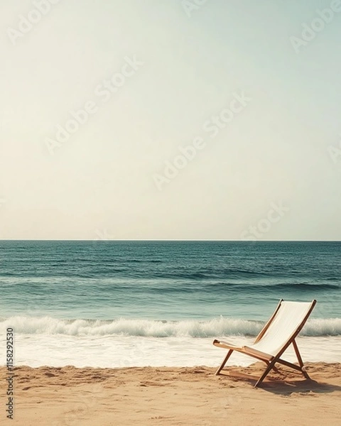 Fototapeta A lone beach chair beside gentle ocean waves embodying tranquility, Relaxing coastal setup and soothing seaside composition with coastal relaxation concept.