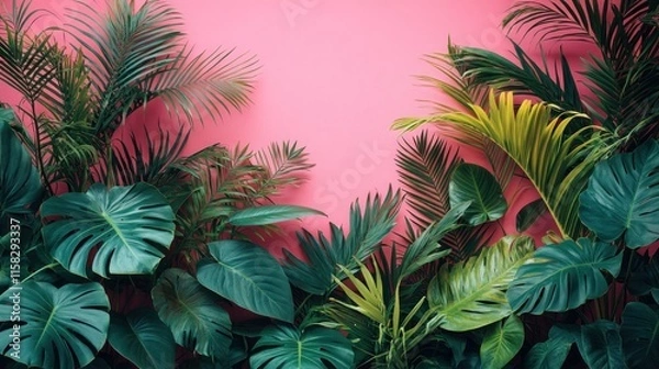 Fototapeta Lush green plants against a vibrant pink background, creating a tropical aesthetic.