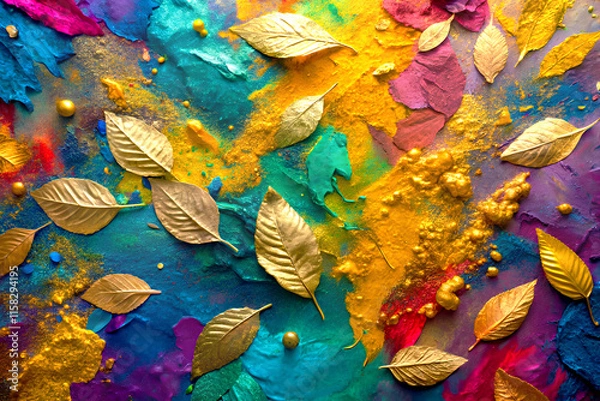Obraz Colorful Holi background with golden leafs and colored powder