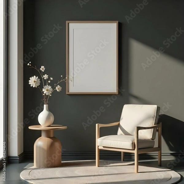 Fototapeta A minimalist living room with a wooden frame on the wall, a wooden side table with a vase of flowers, and a beige upholstered armchair on a round rug